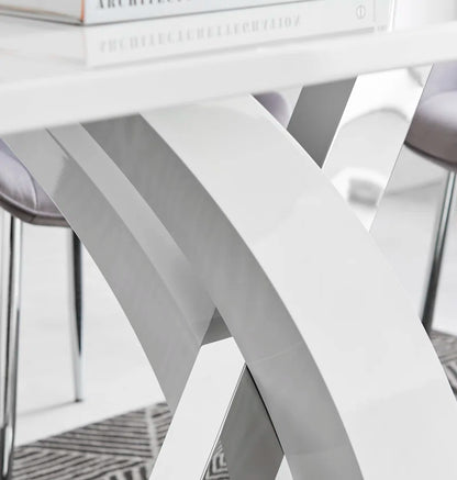 Marietta Chrome Metal and White High Gloss Dining Table Set - 6 Luxury Soft Touch Dining Chairs