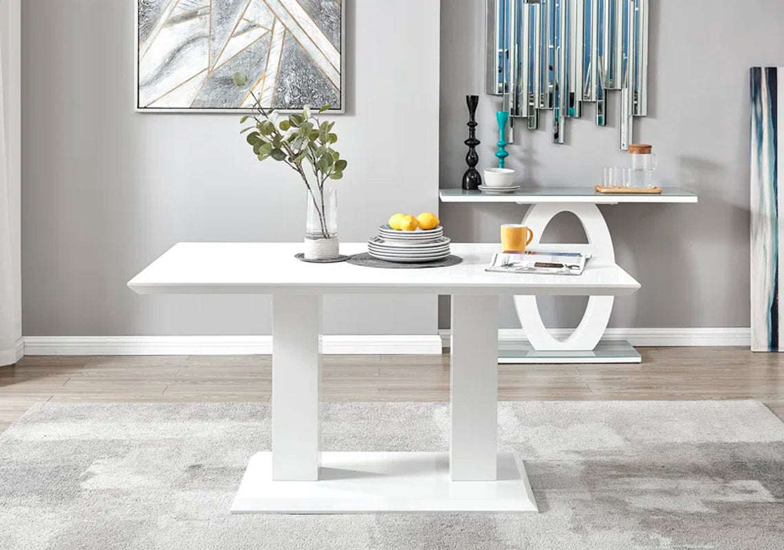 Edzard Double Pedestal High Gloss Dining Table Set with 6 Soft Touch Faux Leather Dining Chairs