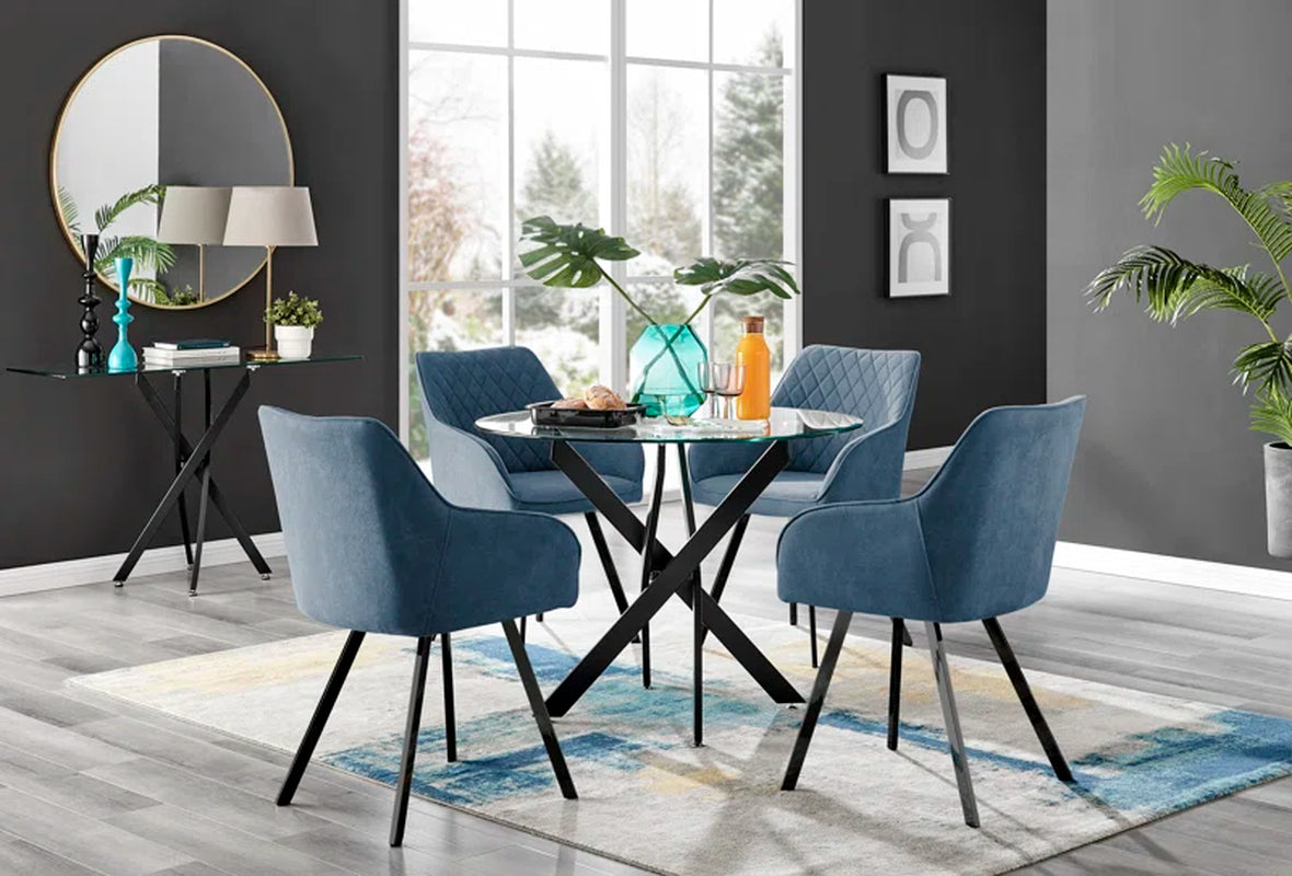 Tierra Modern Chrome Metal & Glass round Dining Table Set with 4 Luxury Upholstered Fabric Chairs