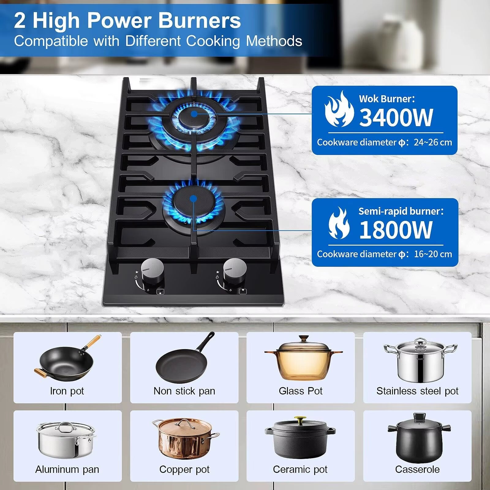 2 Burners 30Cm Kitchen Built in Tempered Glass NG/LPG Dual Fuel Gas Hob UKGCT-B02