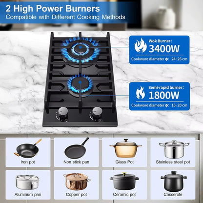 2 Burners 30Cm Kitchen Built in Tempered Glass NG/LPG Dual Fuel Gas Hob UKGCT-B02