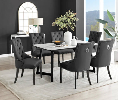 Industrial Design White & Grey Marble Effect Melamine Dining Table Set with 6 Button Velvet Chairs