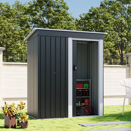 【】Outdoor Water-Resistant Galvanized Steel Storage Shed with Sloping Roof，Lockable Door for Lawn Patio Backyard