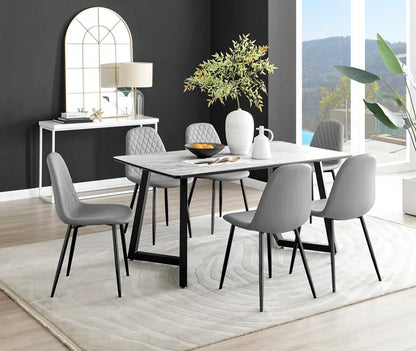 Industrial Design White & Grey Marble Effect Melamine Dining Table Set with 6 Faux Leather Chairs